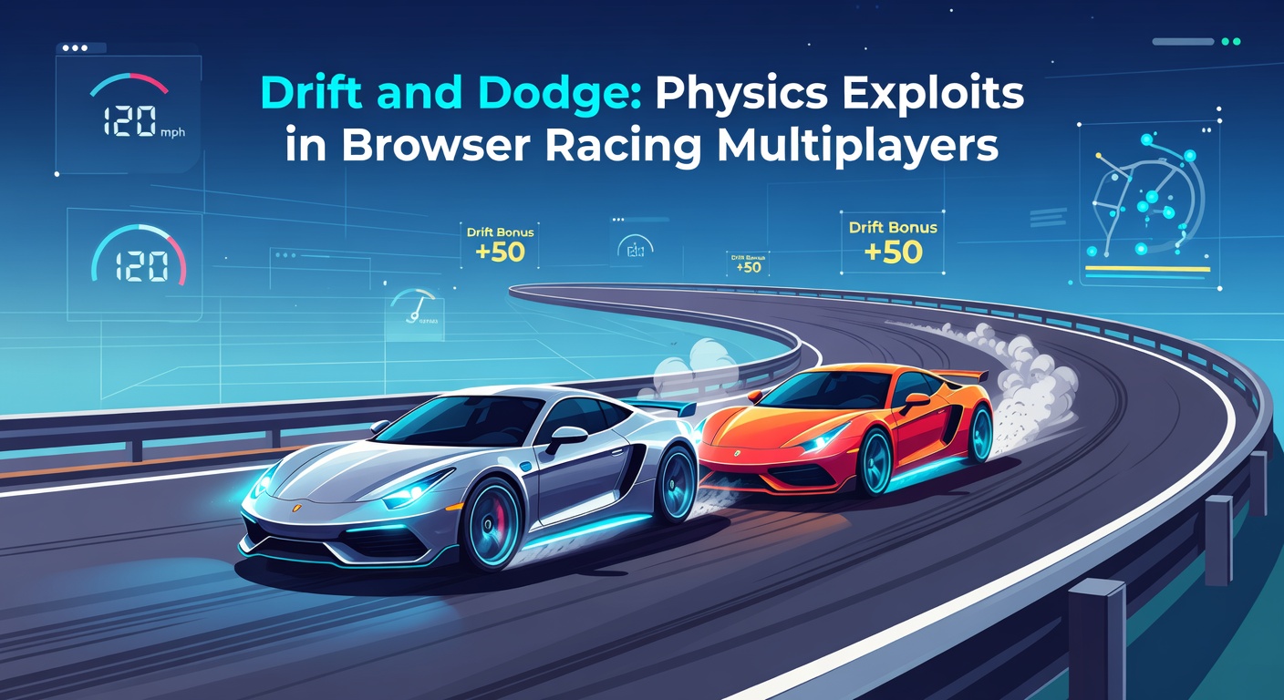 Intense multiplayer chase in a browser racer, one car dodging debris while another drifts through a narrow gap