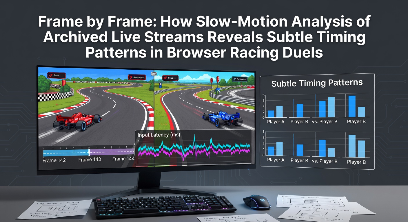 Slow-motion frame analysis of a browser racing duel showing timing overlays on vehicle positions