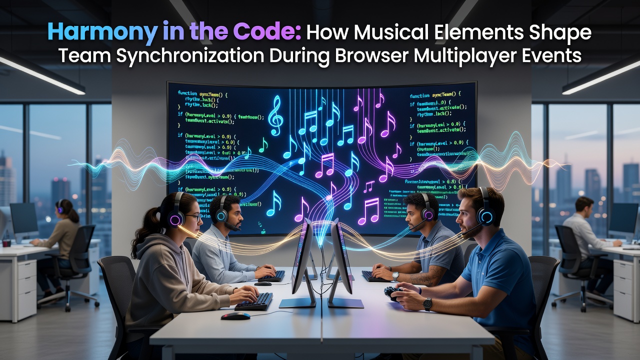 Browser multiplayer interface displaying synchronized player avatars moving in time with visible audio waveform overlays during a team event
