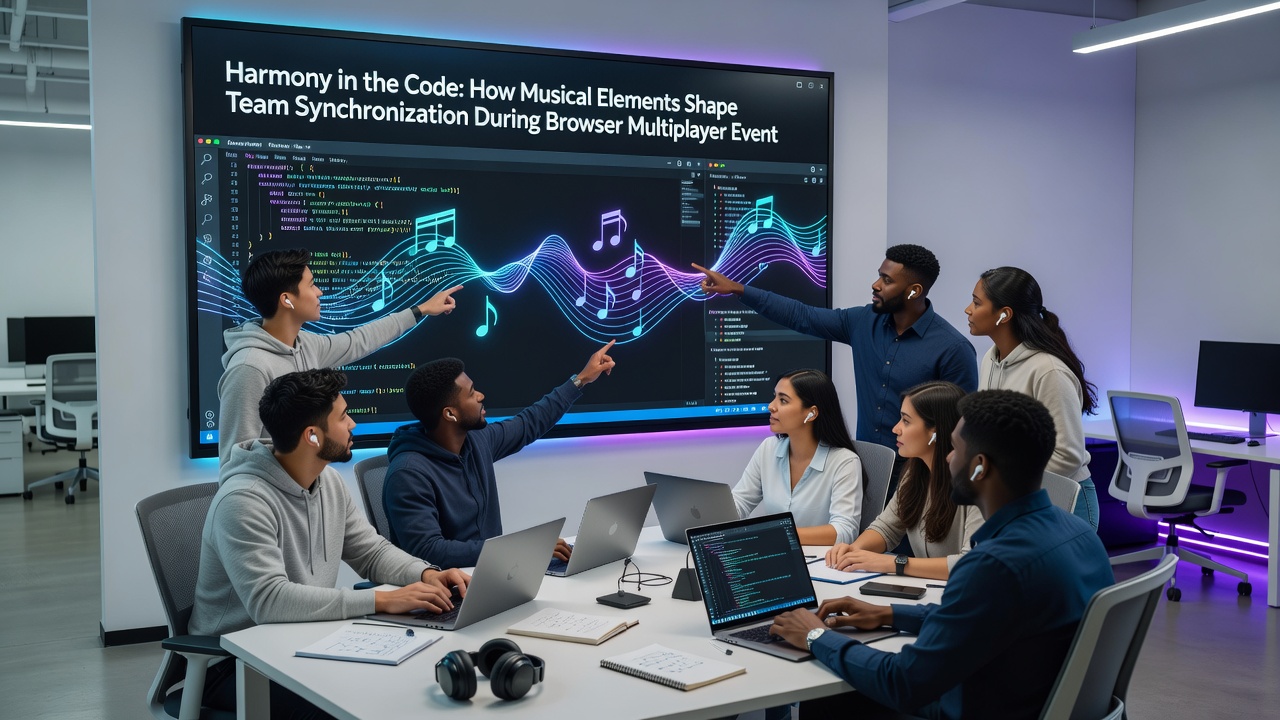 Team of browser game participants reviewing synchronized replay footage with musical notation overlays highlighting timing alignments