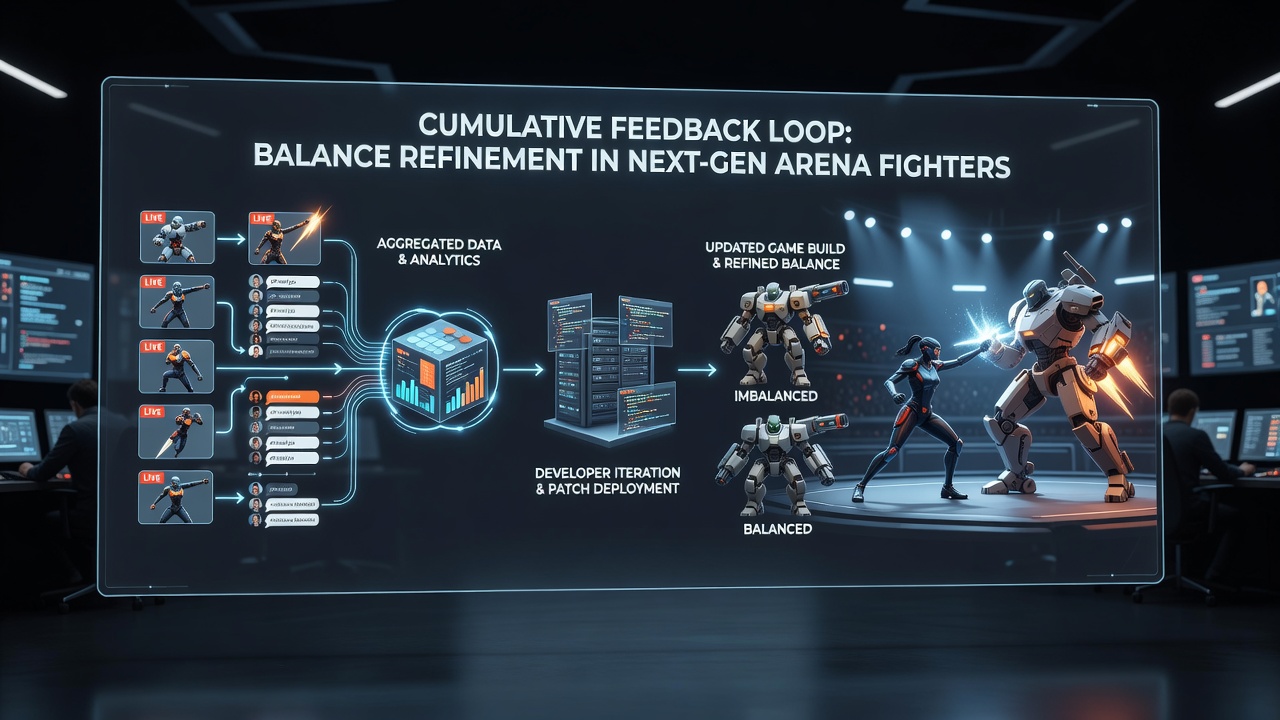 Streamed arena fighter tournament with analysts reviewing live match data on multiple screens