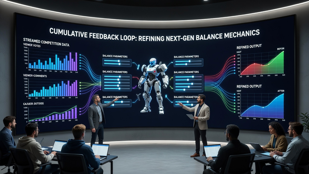Developers analyzing cumulative feedback metrics from arena fighter streams on workstation displays