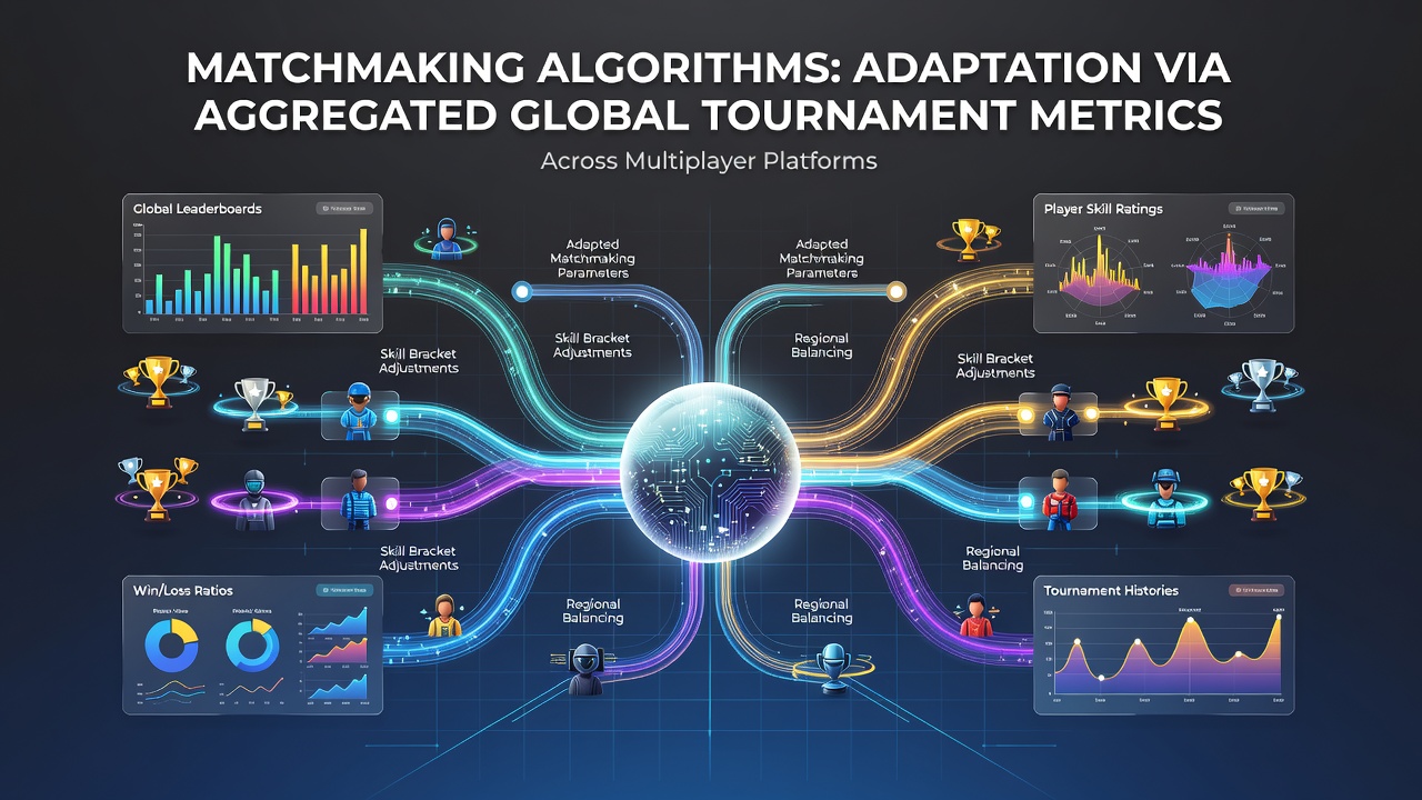 Global multiplayer tournament data streams feeding into central matchmaking servers