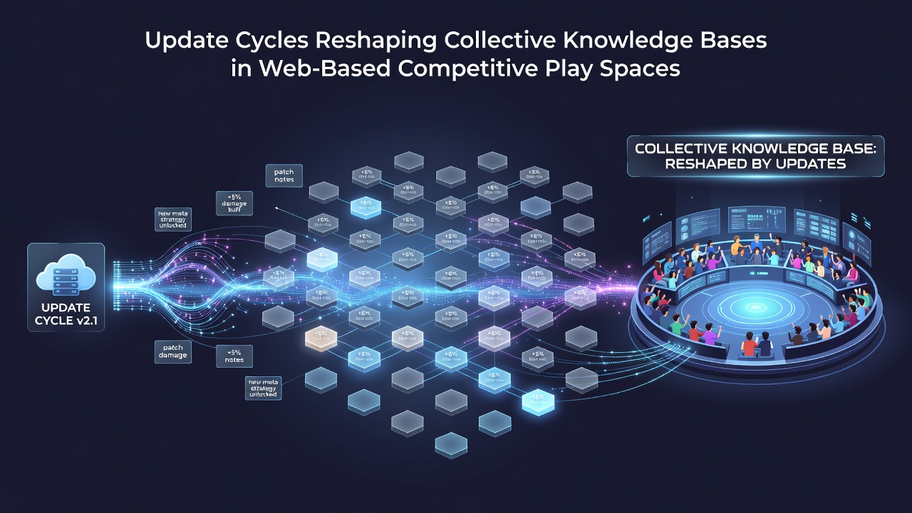 Browser-based competitive game interfaces displaying patch notes alongside community wiki updates and strategy discussions