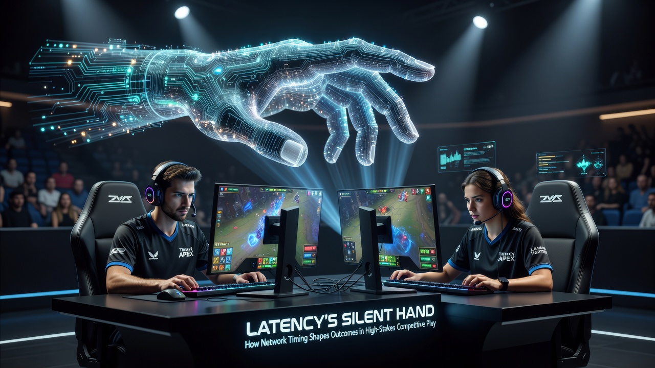 Network monitoring dashboard displaying real-time latency metrics during an esports broadcast