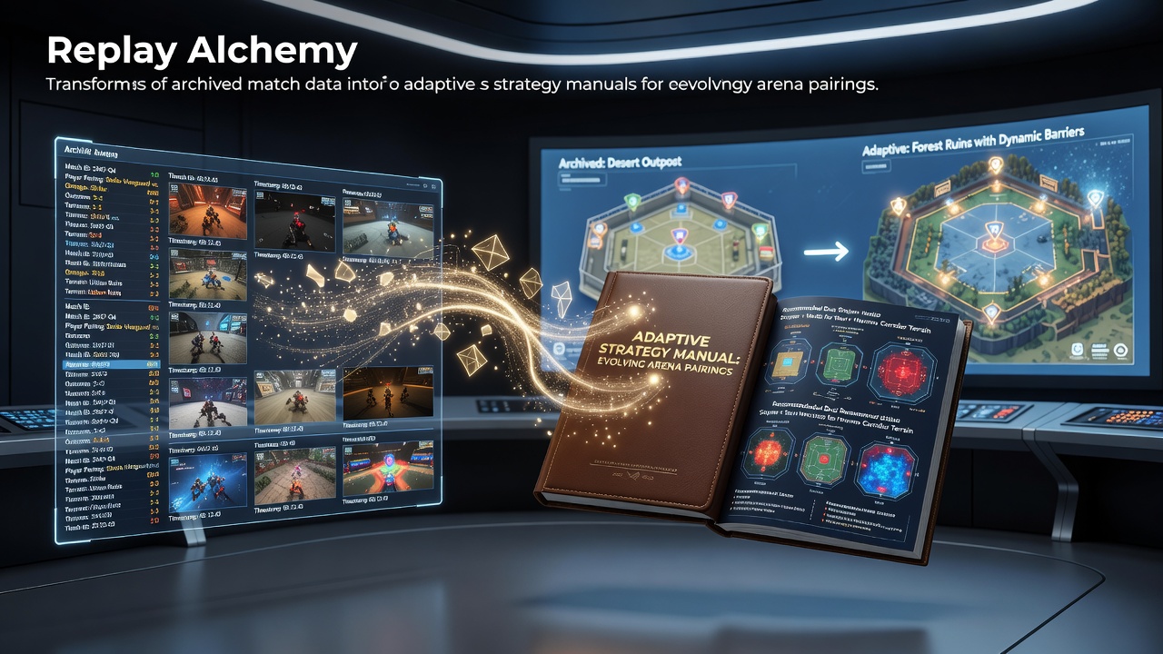 Visual representation of archived match replays being processed into strategy manuals for dynamic arena pairings in browser multiplayer games