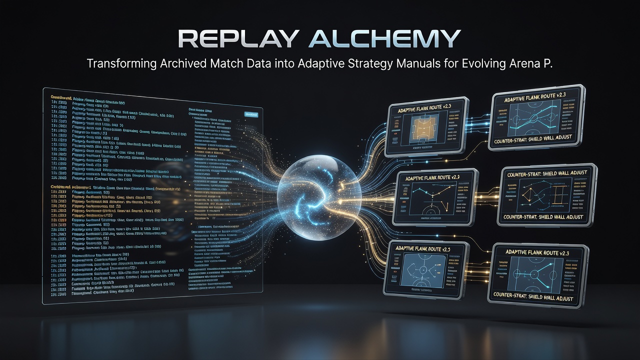 Diagram showing transformation workflow from match replays to updated strategy entries tailored for shifting arena matchups