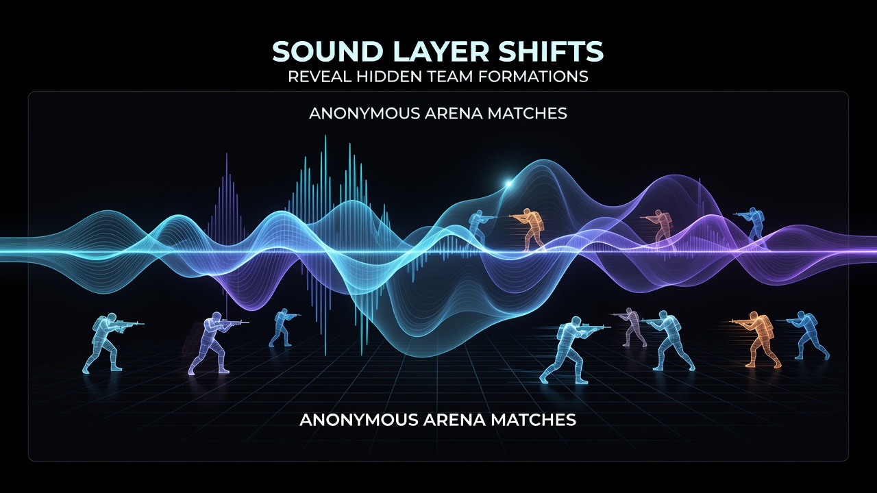 Diagram illustrating sound frequency clusters and team formation mapping in multiplayer arena audio analysis