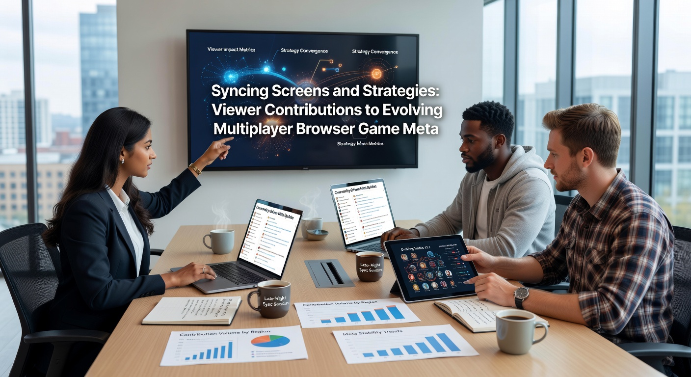 Detailed view of synchronized multi-screen setup showing viewer annotations overlaid on browser game meta strategies