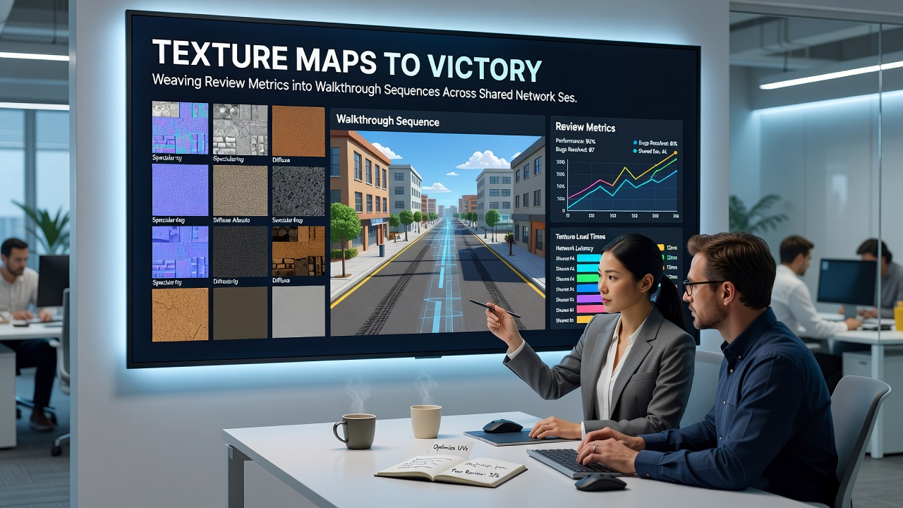 Multiplayer browser session displaying synchronized texture maps of review metrics during a live walkthrough sequence