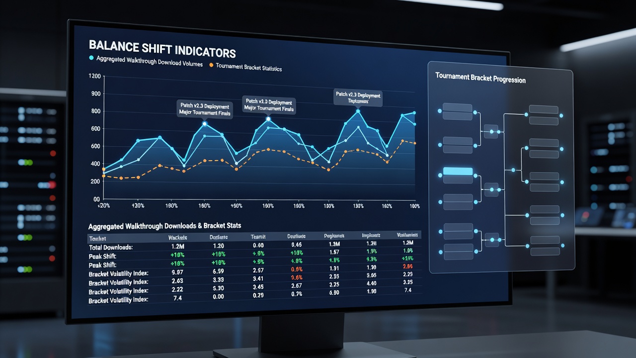 Tournament bracket overlay with walkthrough download trends highlighting balance indicators in competitive browser titles