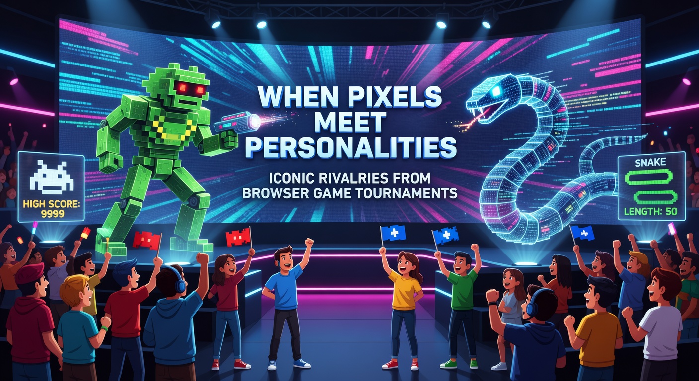 Crowd-fueled excitement at a major browser game tournament where rival players clash in a high-stakes .io arena, pixels exploding on massive screens